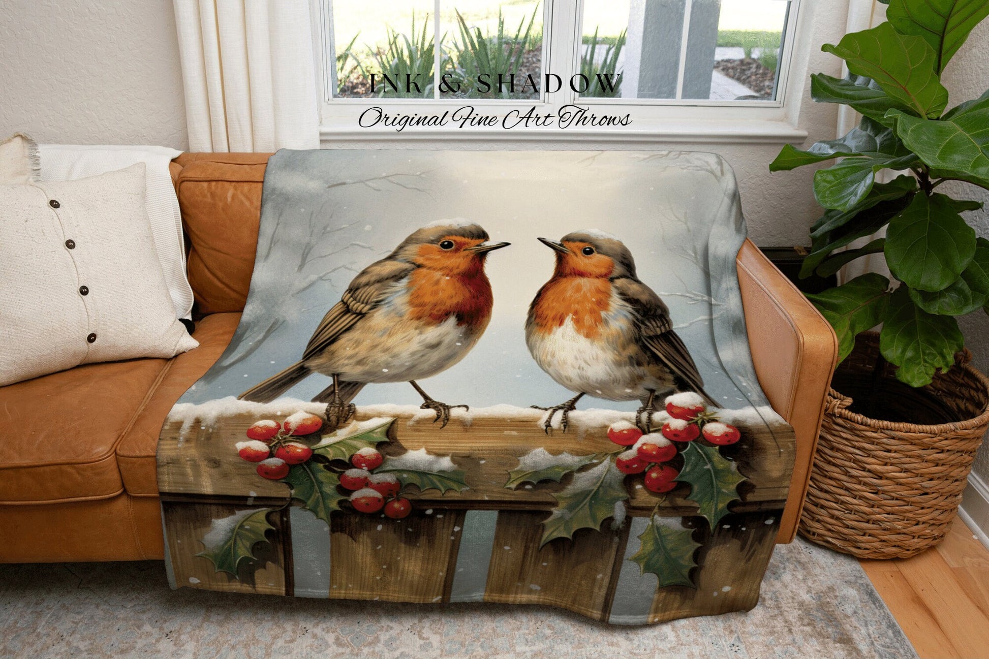 Robin Bird Tapestry Blanket | Vintage Christmas Cardinal Blanket Woven Tapestry Winter Holiday Decor Snowy Landscape Vintage Home Decor Bird