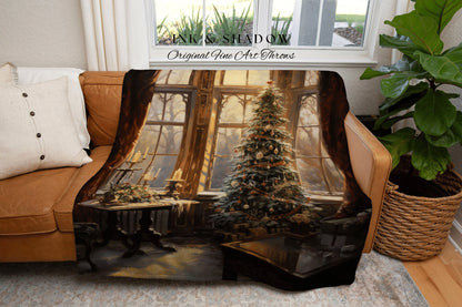 Christmas Morning Light Blanket | Vintage Christmas Tree Painting Blanket Woven Tapestry Winter Holiday Decor Snowy Landscape Vintage Decor