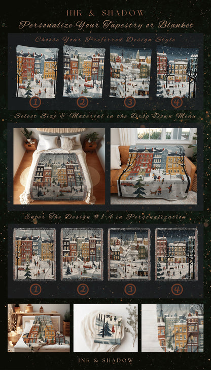 Boho Christmas Village Blanket | Cozy Christmas Blanket Woven Tapestry Scandinavian Folk Art Pastel Danish Decor Winter Home Decor Vintage |