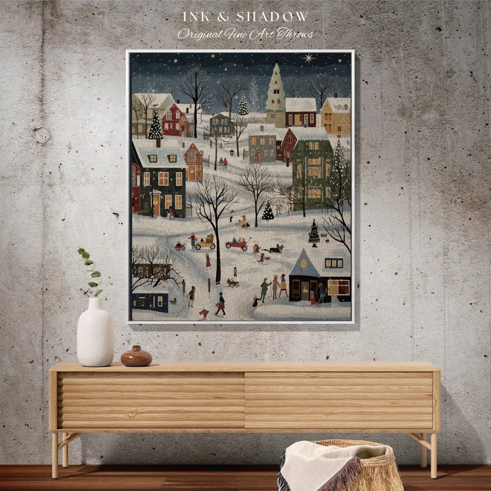 Boho Christmas Village Blanket | Cozy Christmas Blanket Woven Tapestry Scandinavian Folk Art Pastel Danish Decor Winter Home Decor Vintage |