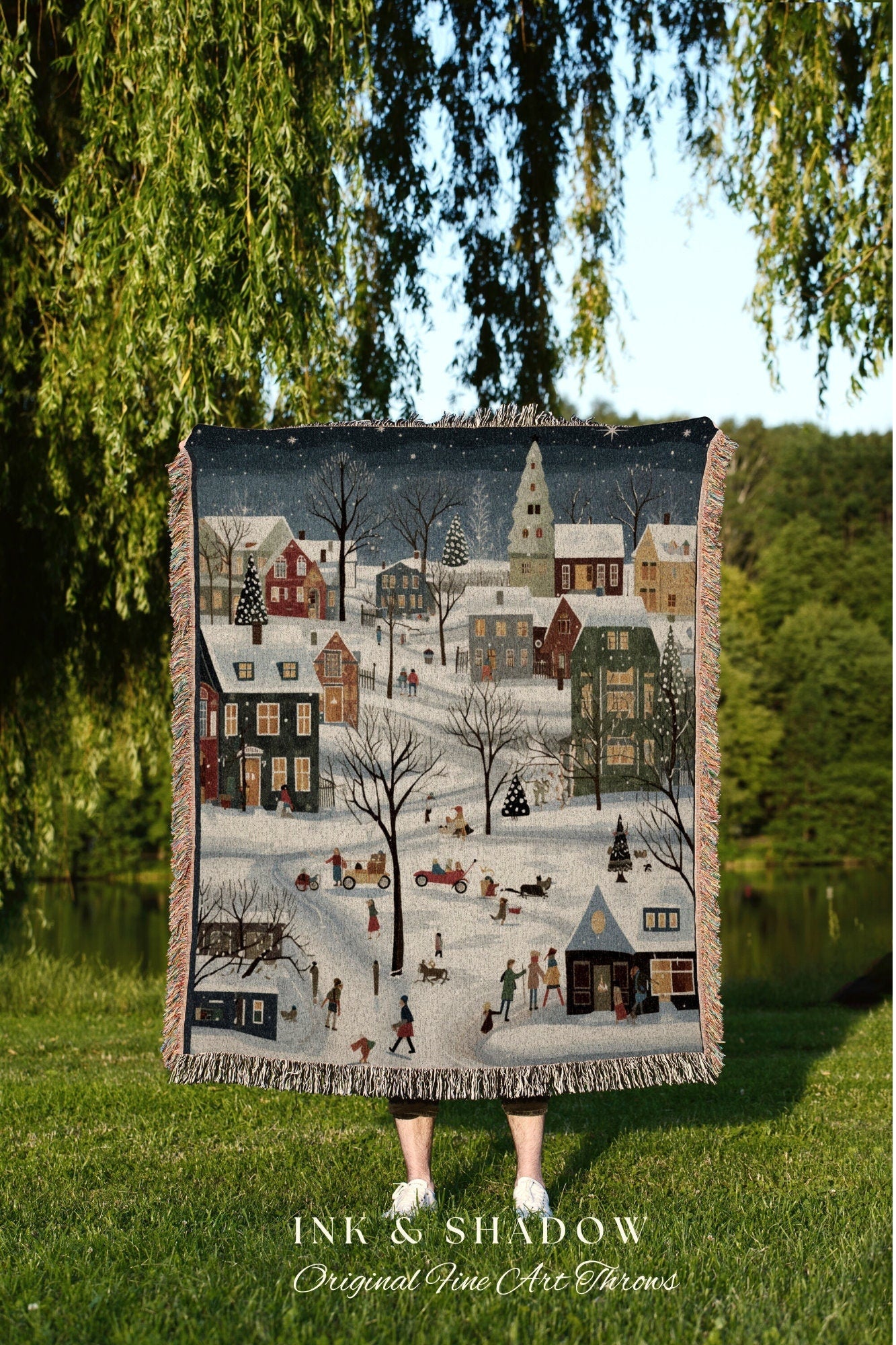 Boho Christmas Village Blanket | Cozy Christmas Blanket Woven Tapestry Scandinavian Folk Art Pastel Danish Decor Winter Home Decor Vintage |