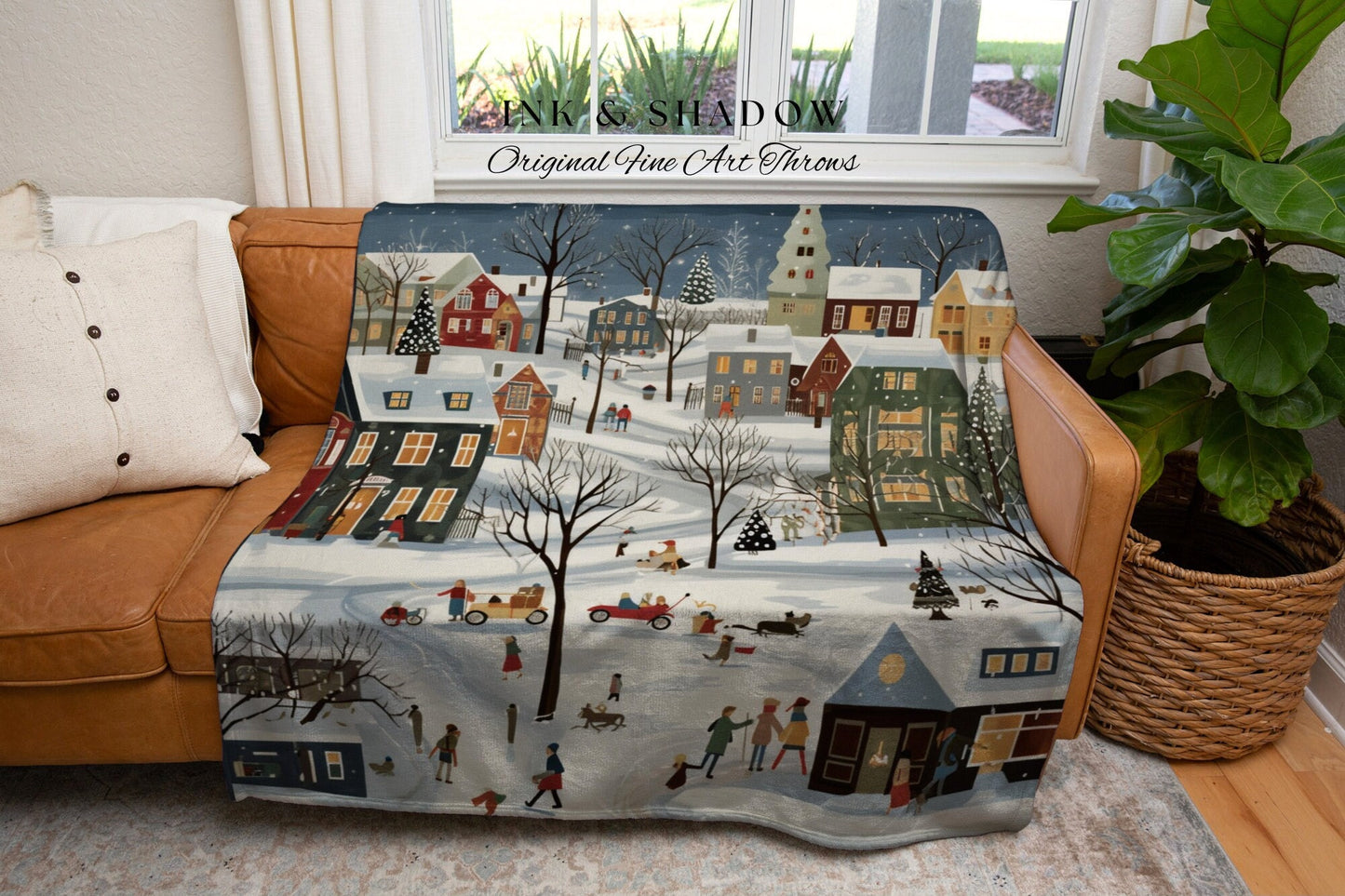 Boho Christmas Village Blanket | Cozy Christmas Blanket Woven Tapestry Scandinavian Folk Art Pastel Danish Decor Winter Home Decor Vintage |