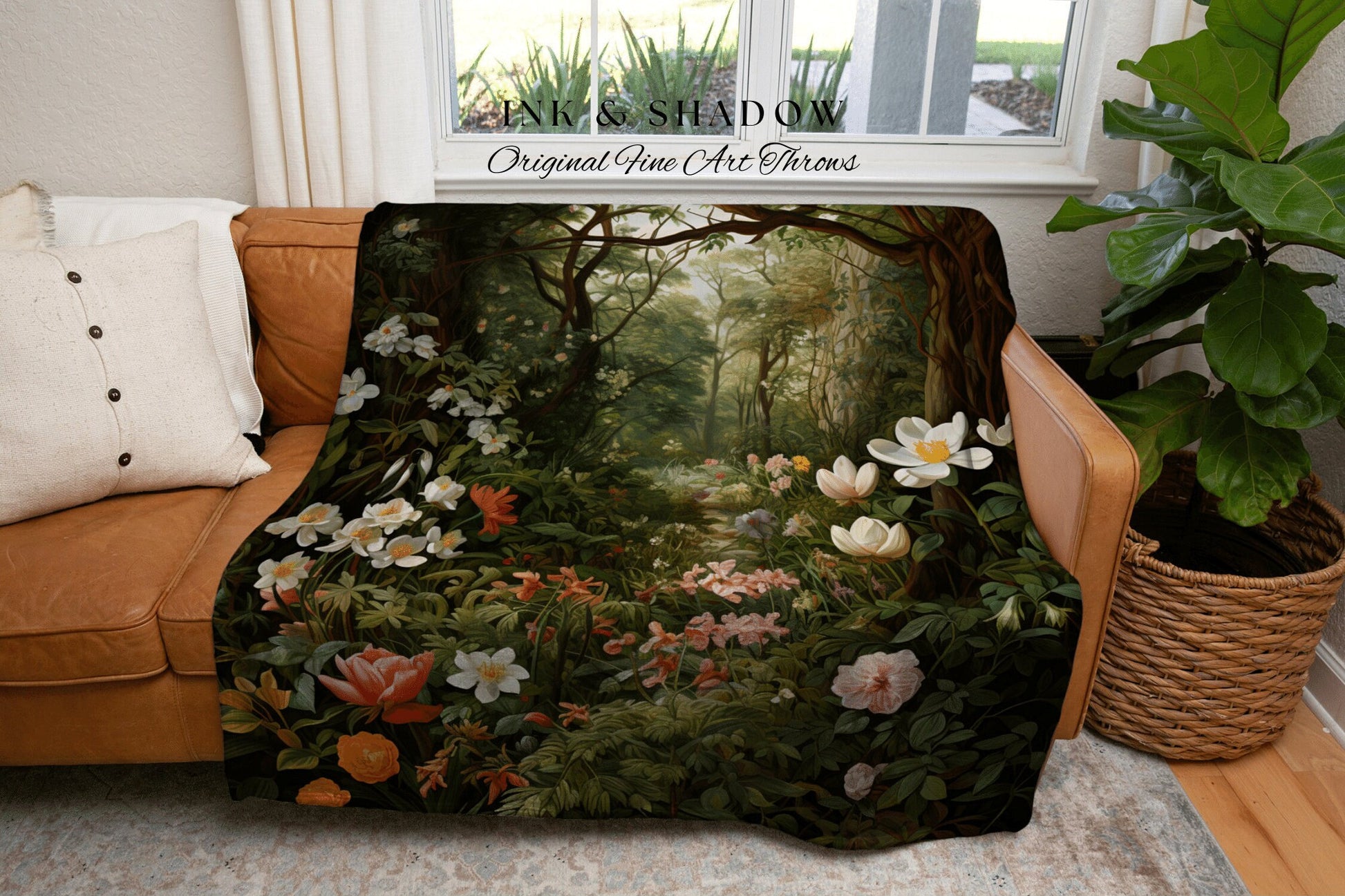 Dark Woodland Tapestry Blanket | Whimsigoth Wall Art Woven Blanket Victorian Gothic Aesthetic Tapestry Woven Botanical Fairy Decor Aesthetic