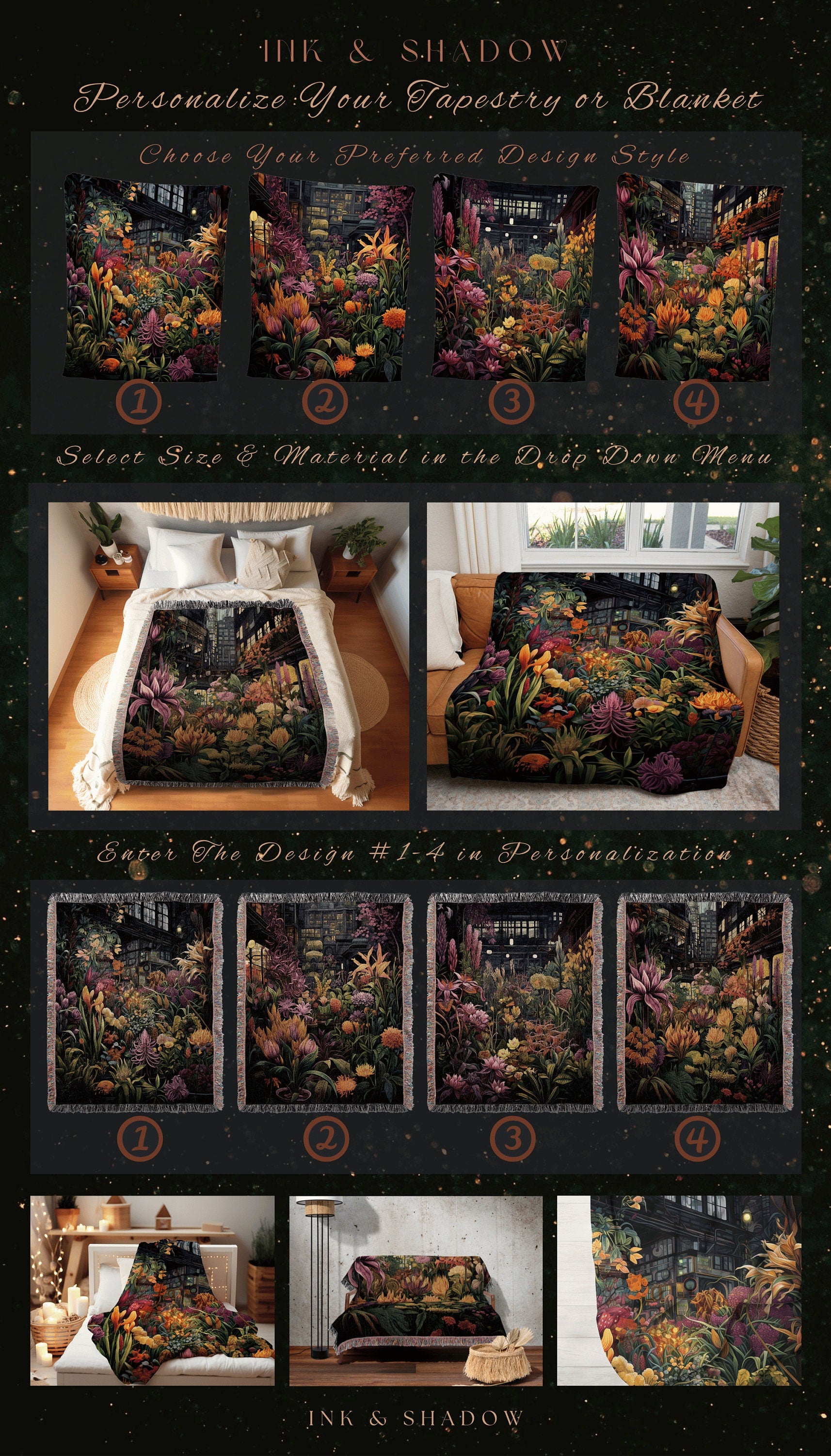 Moody Floral Landscape Blanket | Whimsigoth Wall Art Woven Blanket Victorian Gothic Aesthetic Tapestry Woven Botanical Fairycore Aesthetic |