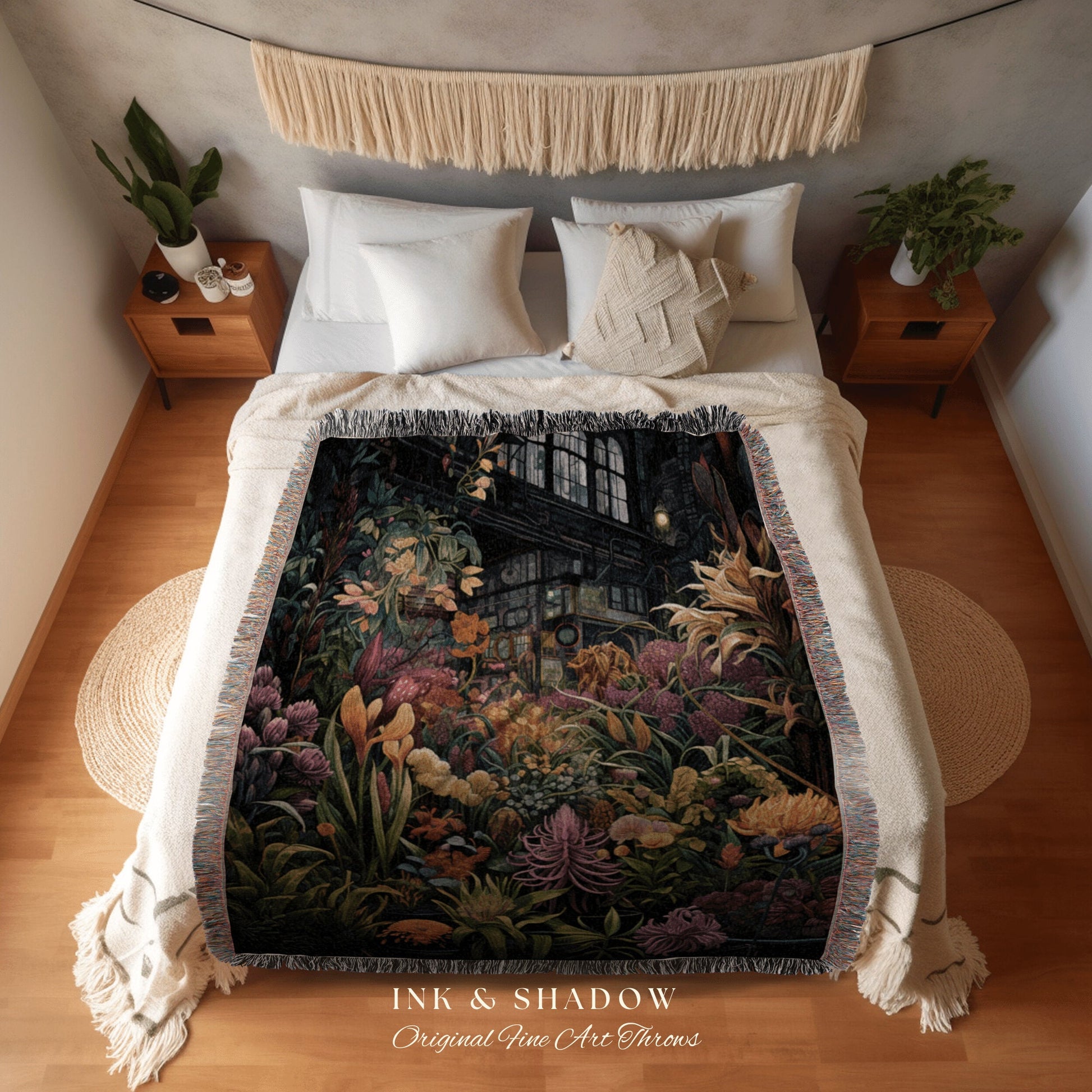 Tropical Landscape Dark Floral Blanket | Whimsigoth Wall Art Woven Blanket Victorian Gothic Aesthetic Tapestry Woven Botanical Fairycore |