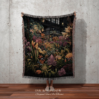 Tropical Landscape Dark Floral Blanket | Whimsigoth Wall Art Woven Blanket Victorian Gothic Aesthetic Tapestry Woven Botanical Fairycore |