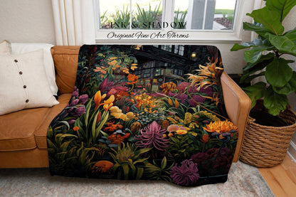 Tropical Landscape Dark Floral Blanket | Whimsigoth Wall Art Woven Blanket Victorian Gothic Aesthetic Tapestry Woven Botanical Fairycore |