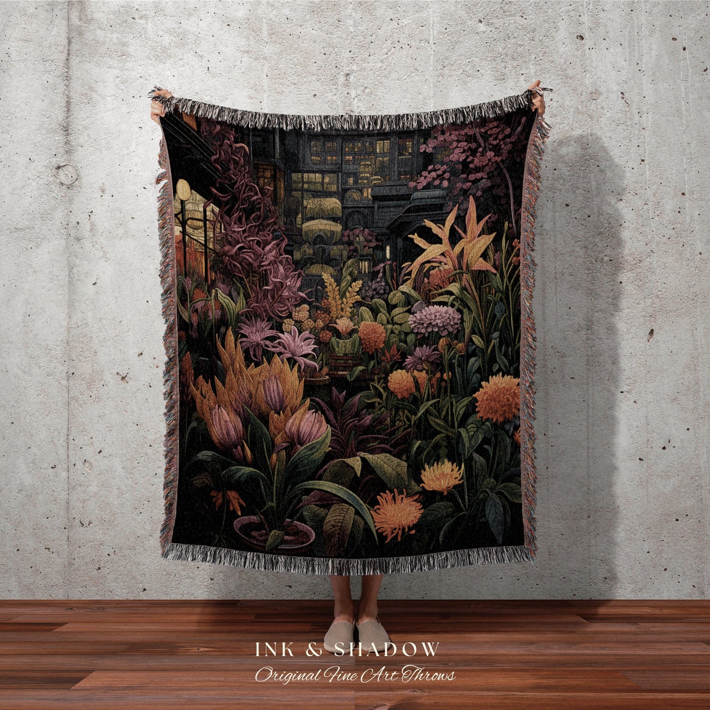 Moody Floral Landscape Blanket | Whimsigoth Wall Art Woven Blanket Victorian Gothic Aesthetic Tapestry Woven Botanical Fairycore Aesthetic |