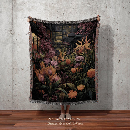 Moody Floral Landscape Blanket | Whimsigoth Wall Art Woven Blanket Victorian Gothic Aesthetic Tapestry Woven Botanical Fairycore Aesthetic |