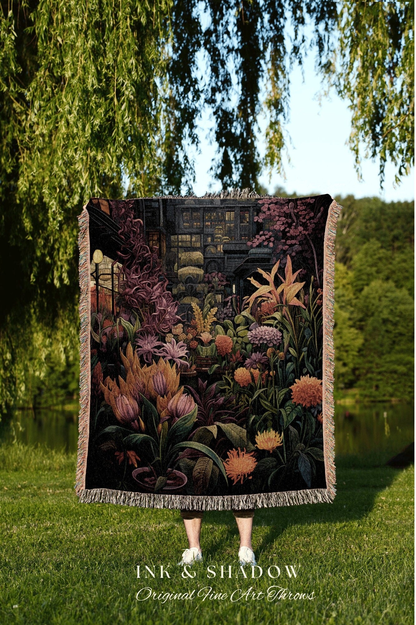 Moody Floral Landscape Blanket | Whimsigoth Wall Art Woven Blanket Victorian Gothic Aesthetic Tapestry Woven Botanical Fairycore Aesthetic |