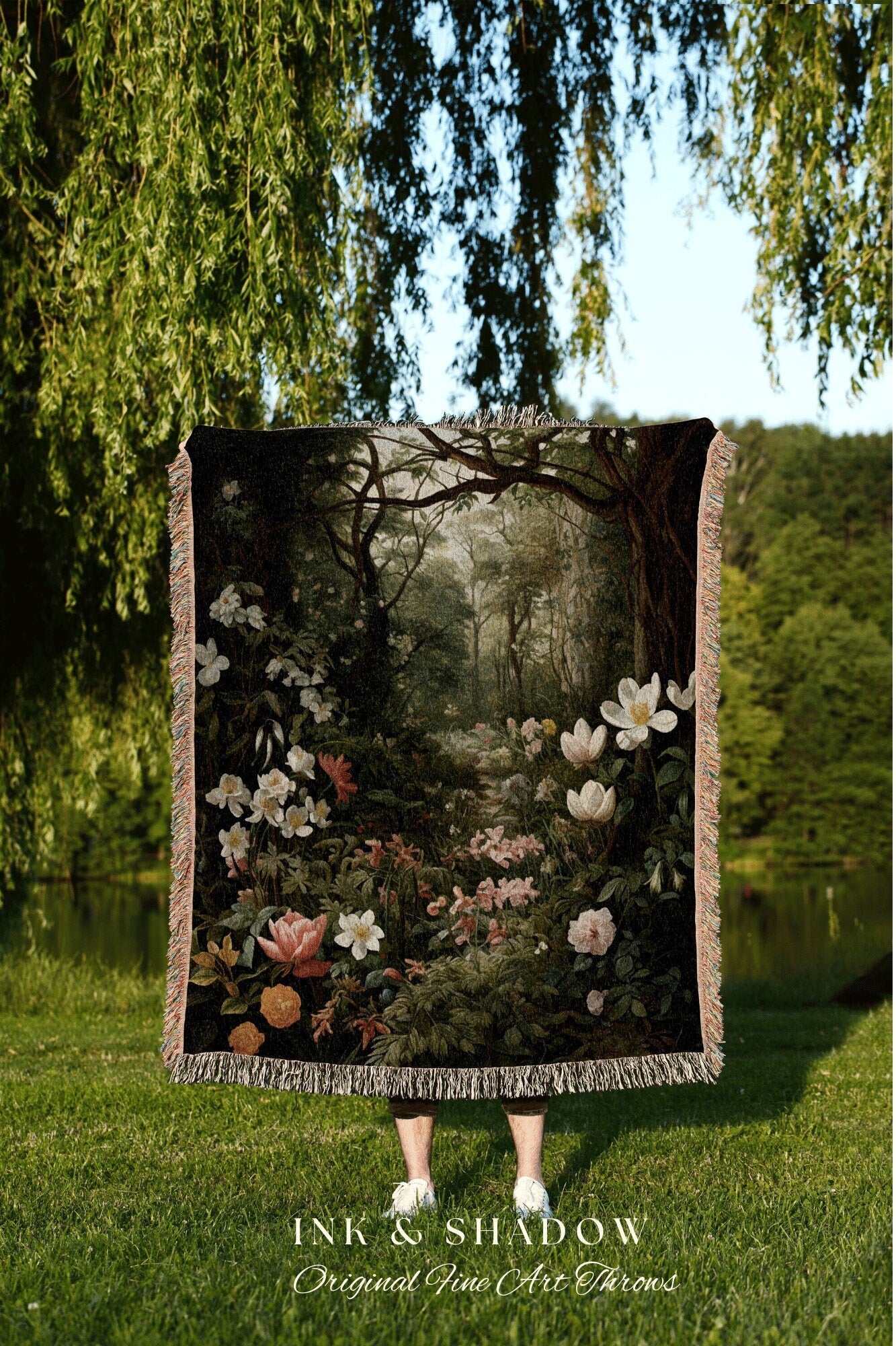 Dark Woodland Tapestry Blanket | Whimsigoth Wall Art Woven Blanket Victorian Gothic Aesthetic Tapestry Woven Botanical Fairy Decor Aesthetic