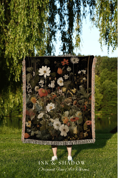 Victorian Gothic Floral Blanket | Whimsigoth Wall Art Woven Blanket Victorian Gothic Aesthetic Tapestry Woven Botanical Fairycore Aesthetic