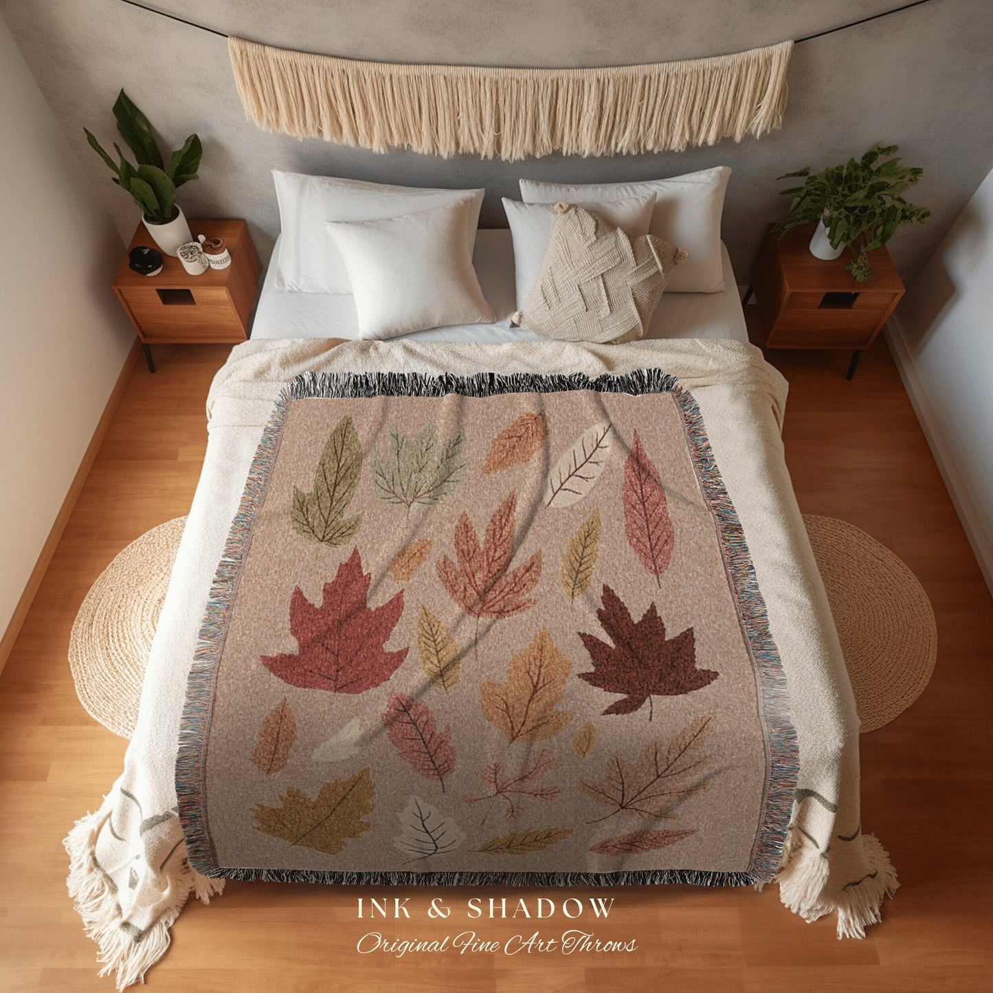 Minimalist Fall Leaves Tapestry | Autumn Aesthetic Tapestry Woven Wall Art Housewarming Gift Fall Aesthetic Blanket Modern Fall Home Decor |