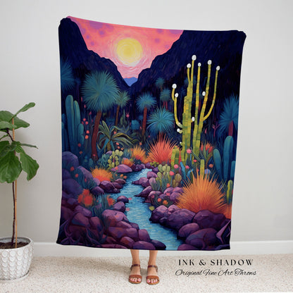 Desert Night Tapestry Woven Throw Blanket | Moonlit Landscape Desert Aesthetic Mystical Blanket Dark Cottagecore Bohemian Desert Tapestry