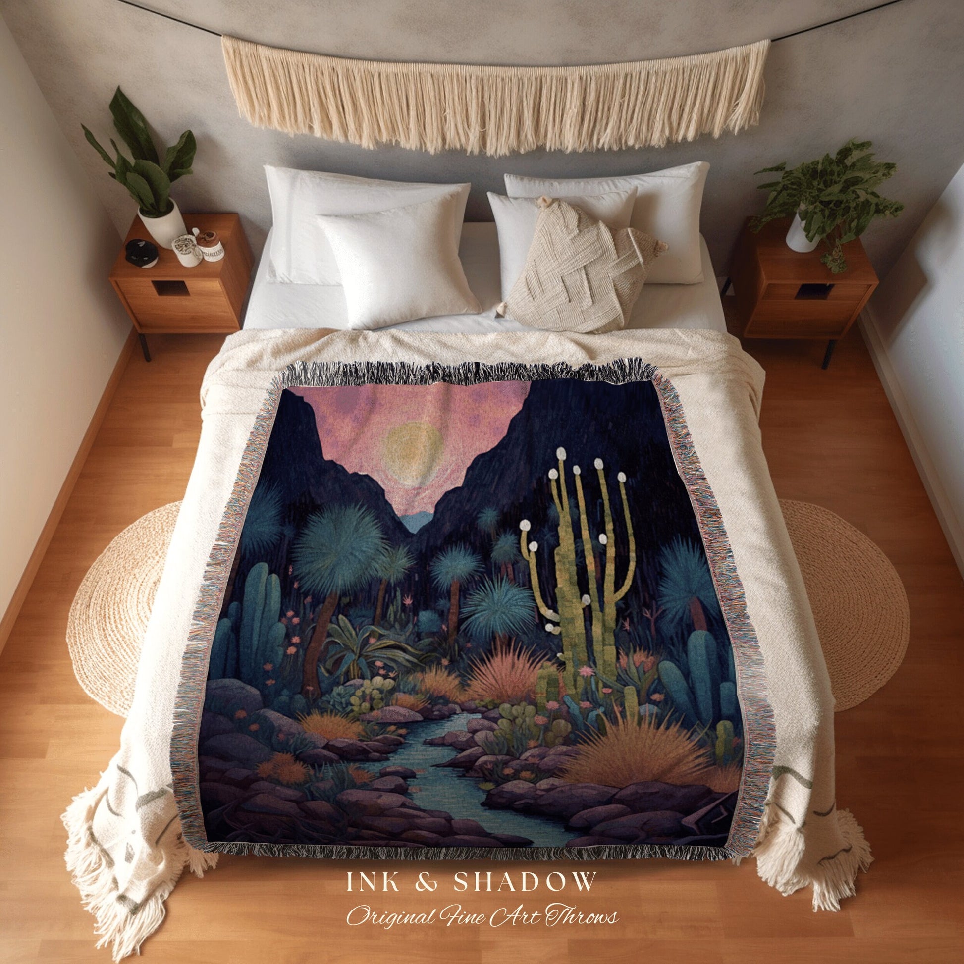 Desert Night Tapestry Woven Throw Blanket | Moonlit Landscape Desert Aesthetic Mystical Blanket Dark Cottagecore Bohemian Desert Tapestry