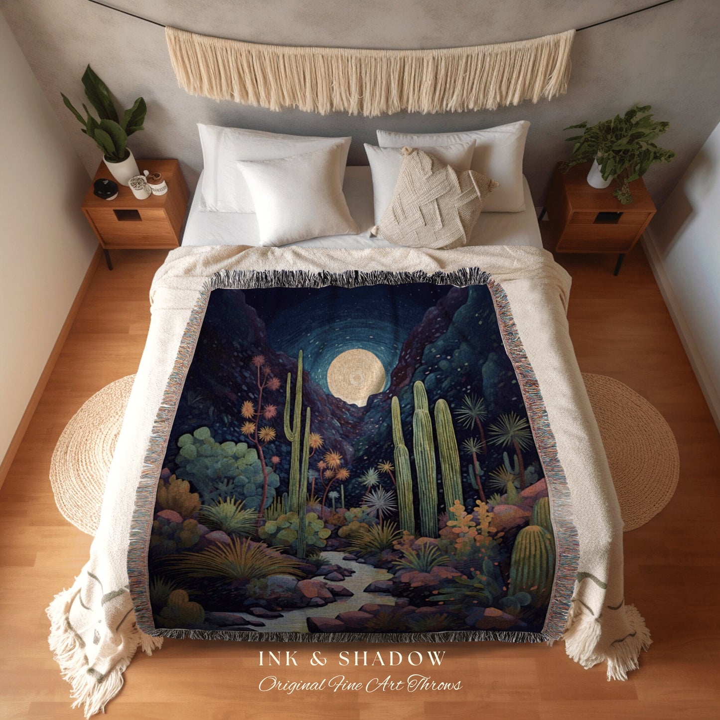 Moonlit Landscape Desert Throw Blanket Woven Tapestry Night Sky Cactus Blanket Desert Night Mystical Blanket Southwestern Boho Blanket