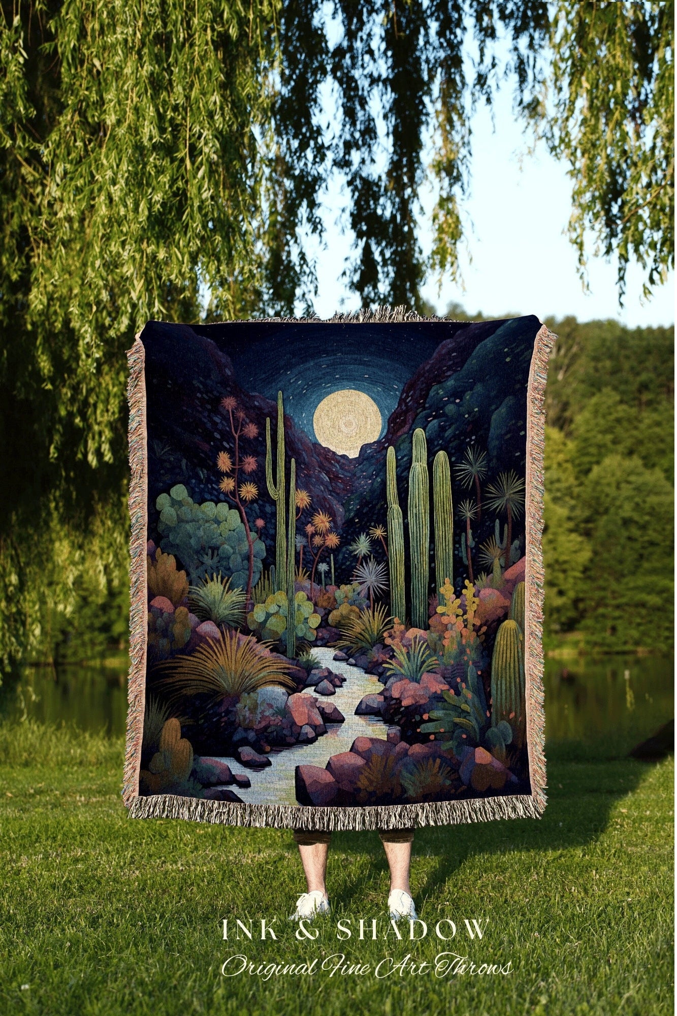 Moonlit Landscape Desert Throw Blanket Woven Tapestry Night Sky Cactus Blanket Desert Night Mystical Blanket Southwestern Boho Blanket