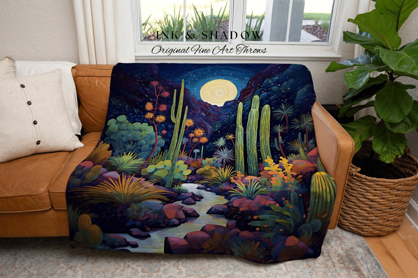 Moonlit Landscape Desert Throw Blanket Woven Tapestry Night Sky Cactus Blanket Desert Night Mystical Blanket Southwestern Boho Blanket