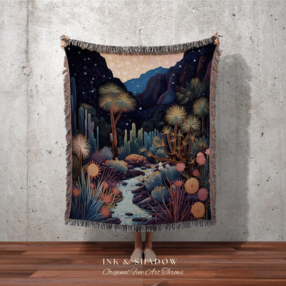 Desert Landscape Cactus Tapestry Nature Throw Blanket Dark Cottagecore Decor | Moonlit Landscape Desert Night Aesthetic Woven Throw Blanket