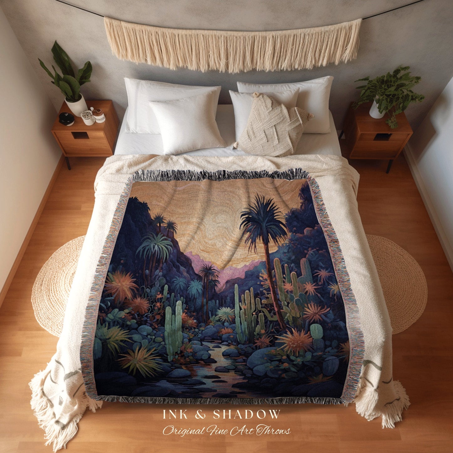 Mountain Desert Mystic Landscape Tapestry Woven Throw Blanket | Desert Night Sunset Art Tapestry Plush Blanket Fairy Grunge Desert Deco |