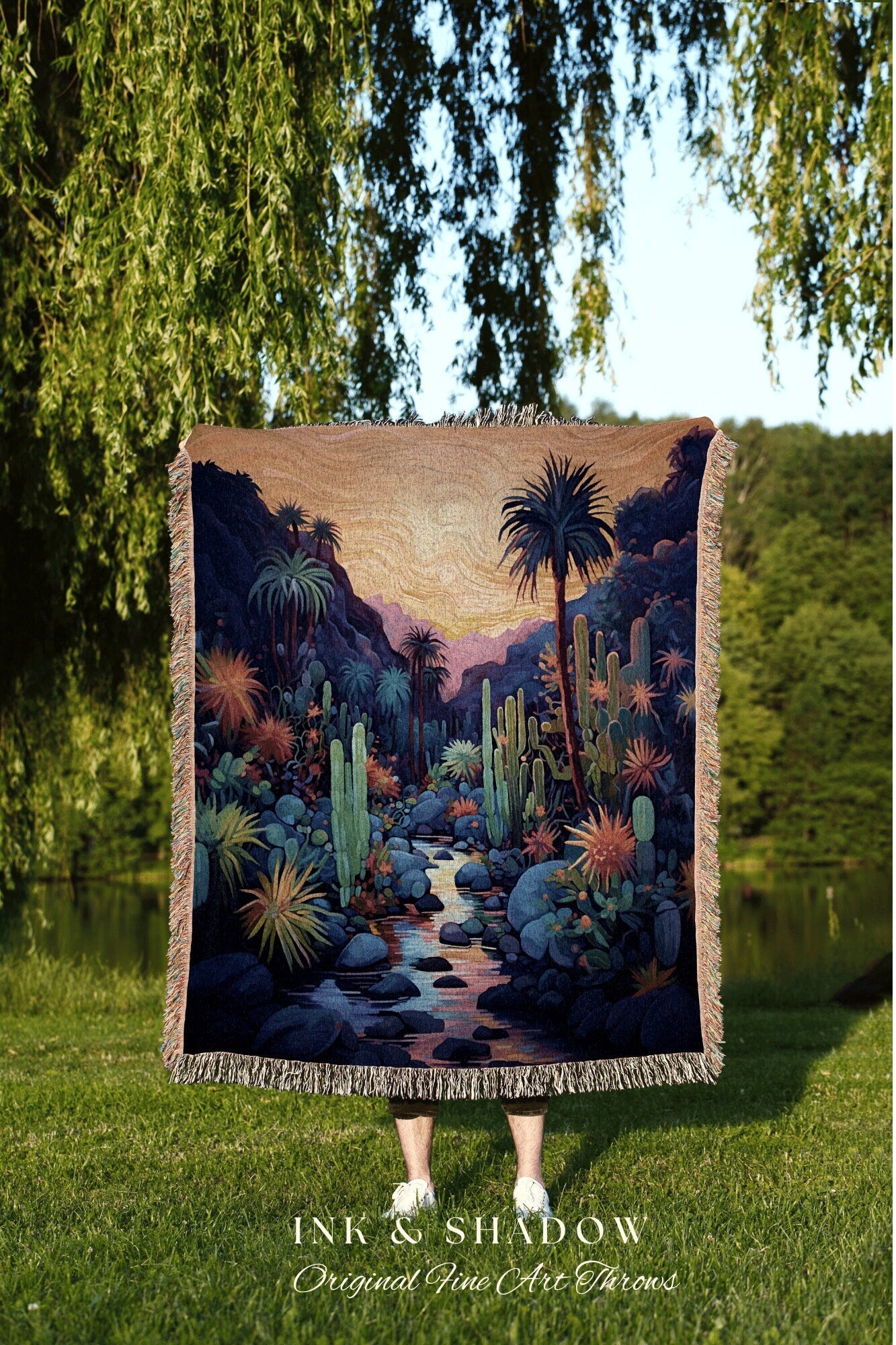 Mountain Desert Mystic Landscape Tapestry Woven Throw Blanket | Desert Night Sunset Art Tapestry Plush Blanket Fairy Grunge Desert Deco |