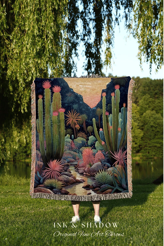 Cactus Blanket Whimsical | Dark Academia Home Decor Housewarming Gift Tapestry Aesthetic Blanket Dark Cottagecore Blanket Desert Decor Boho