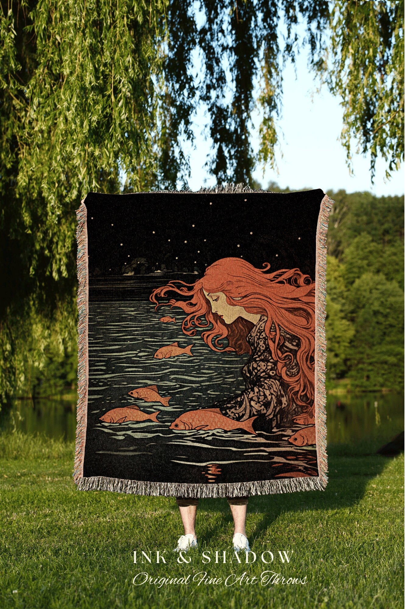 Mythological Mermaid Tapestry | Celestial Mermaid Core Decor Woven Blanket Retro Mermaidcore Aesthetic Tapestry Fairycore Decor Art Nouveau