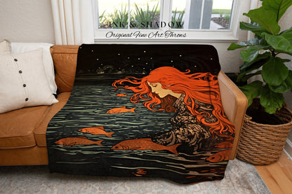 Mythological Mermaid Tapestry | Celestial Mermaid Core Decor Woven Blanket Retro Mermaidcore Aesthetic Tapestry Fairycore Decor Art Nouveau