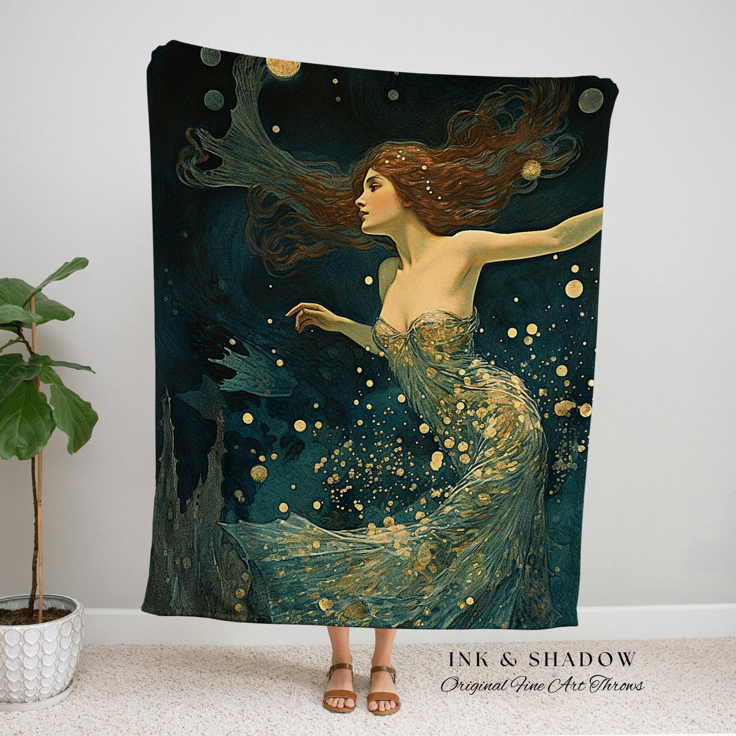 Mythological Mermaid Tapestry | Mermaid Aesthetic Celestial Wall Art Cottagecore Decor Art Nouveau Tapestry Woven Blanket Fairycore Decor |