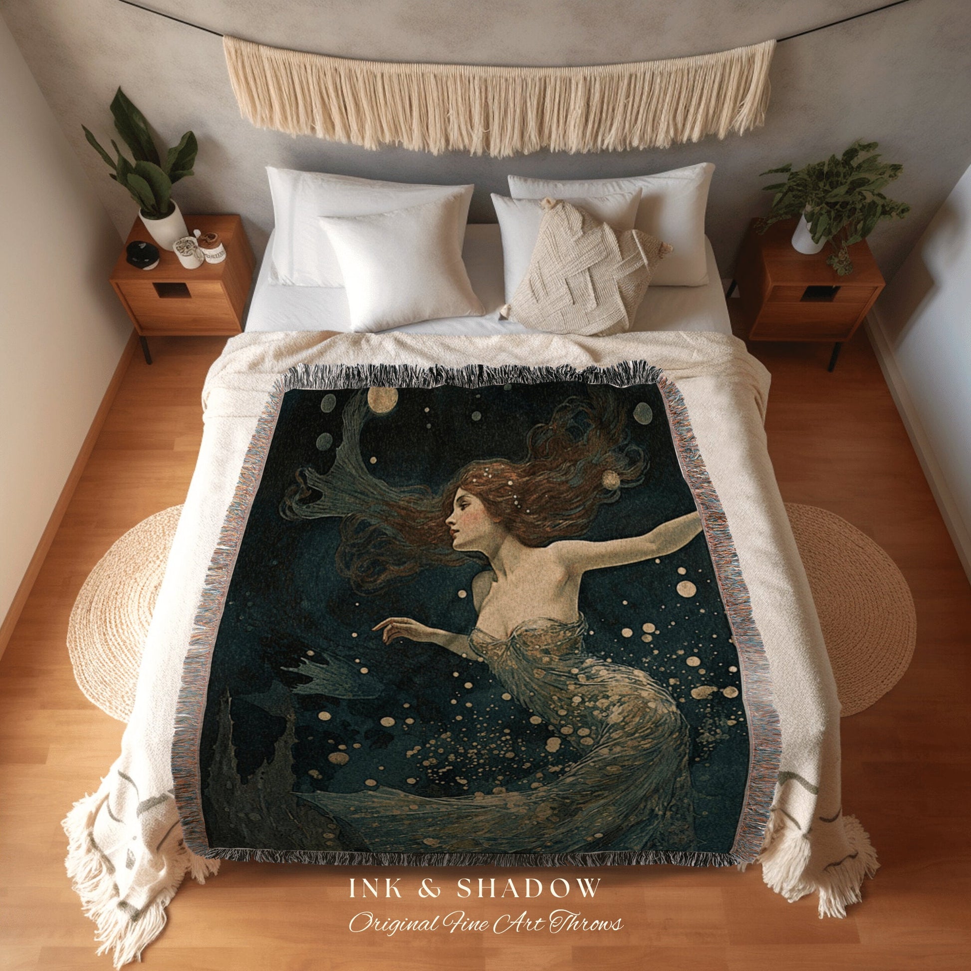 Mythological Mermaid Tapestry | Mermaid Aesthetic Celestial Wall Art Cottagecore Decor Art Nouveau Tapestry Woven Blanket Fairycore Decor |