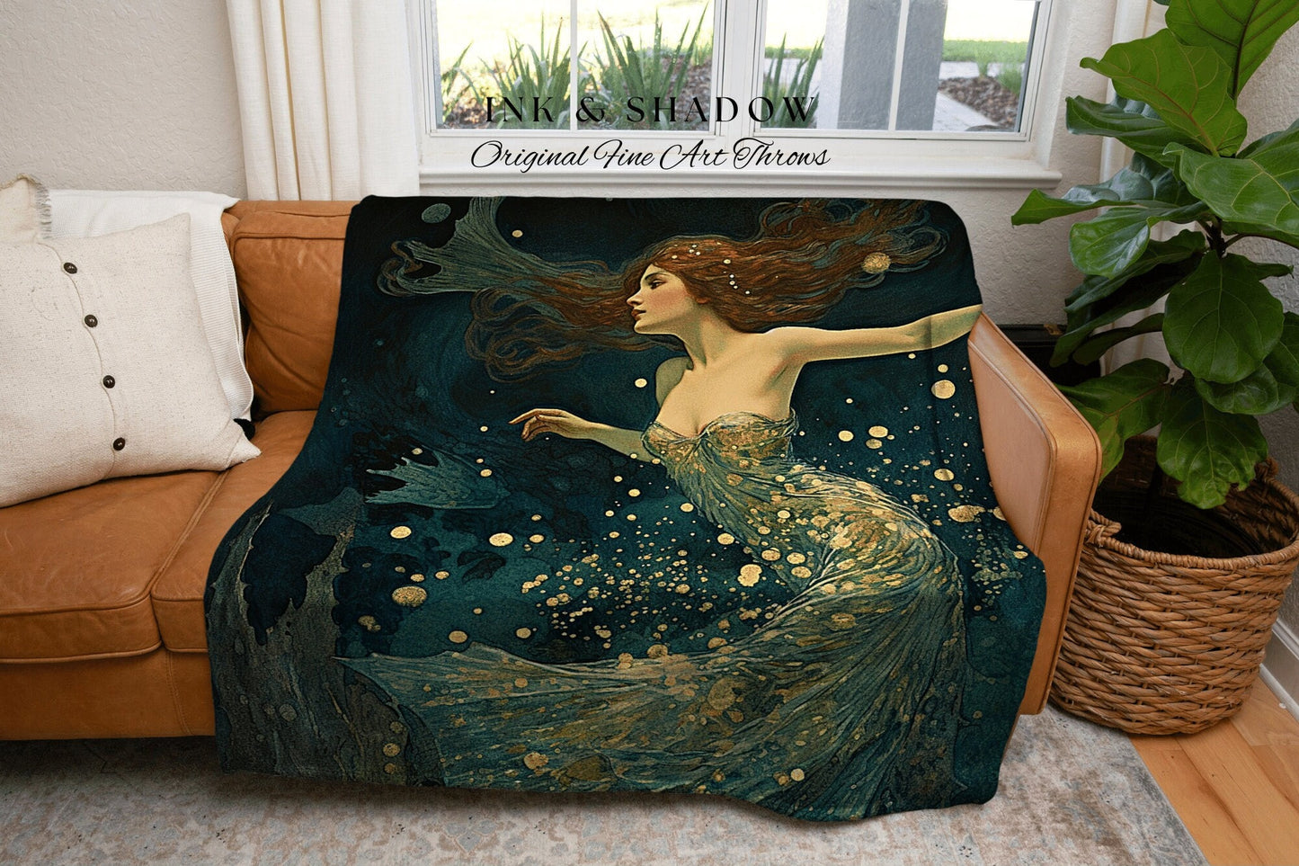 Mythological Mermaid Tapestry | Mermaid Aesthetic Celestial Wall Art Cottagecore Decor Art Nouveau Tapestry Woven Blanket Fairycore Decor |