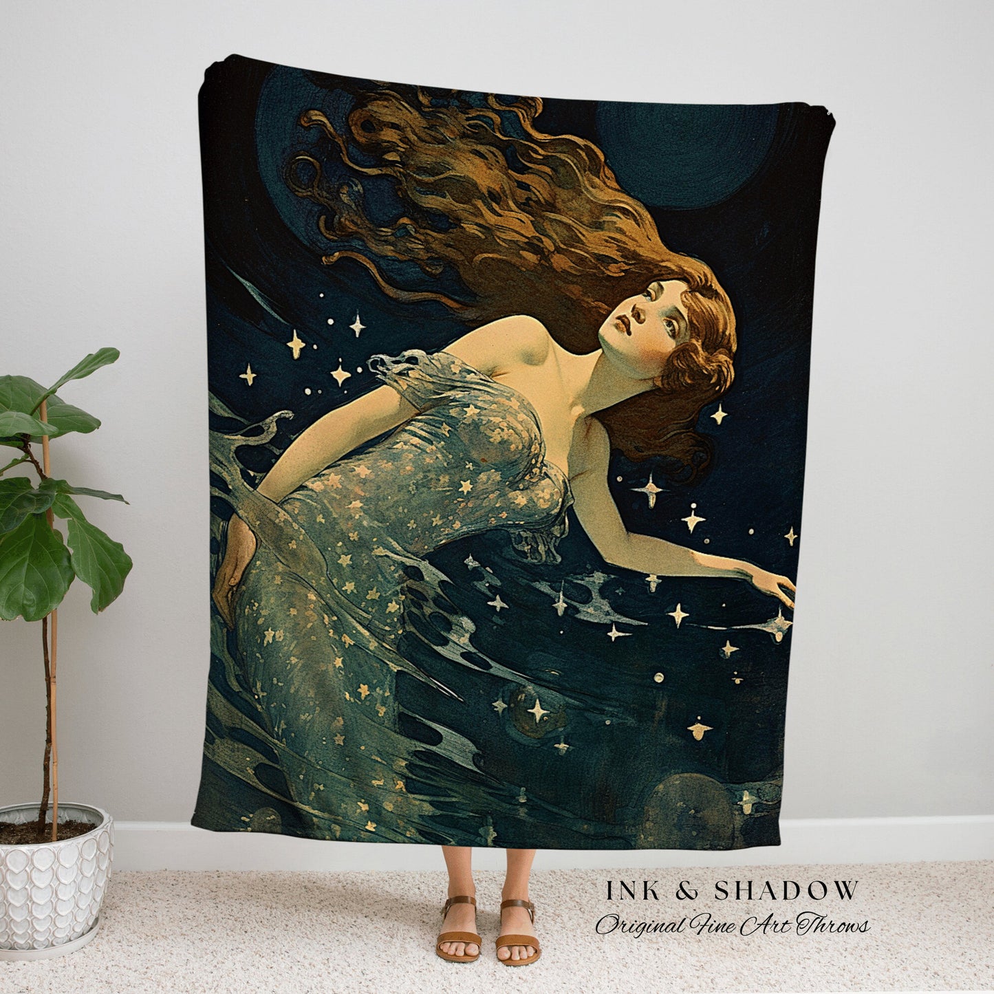 Art Nouveau Vintage Mermaid Blanket | Mermaid Aesthetic Celestial Wall Art Cottagecore Decor Art Nouveau Tapestry Woven Blanket Fairycore