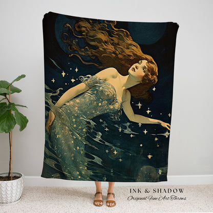 Art Nouveau Vintage Mermaid Blanket | Mermaid Aesthetic Celestial Wall Art Cottagecore Decor Art Nouveau Tapestry Woven Blanket Fairycore