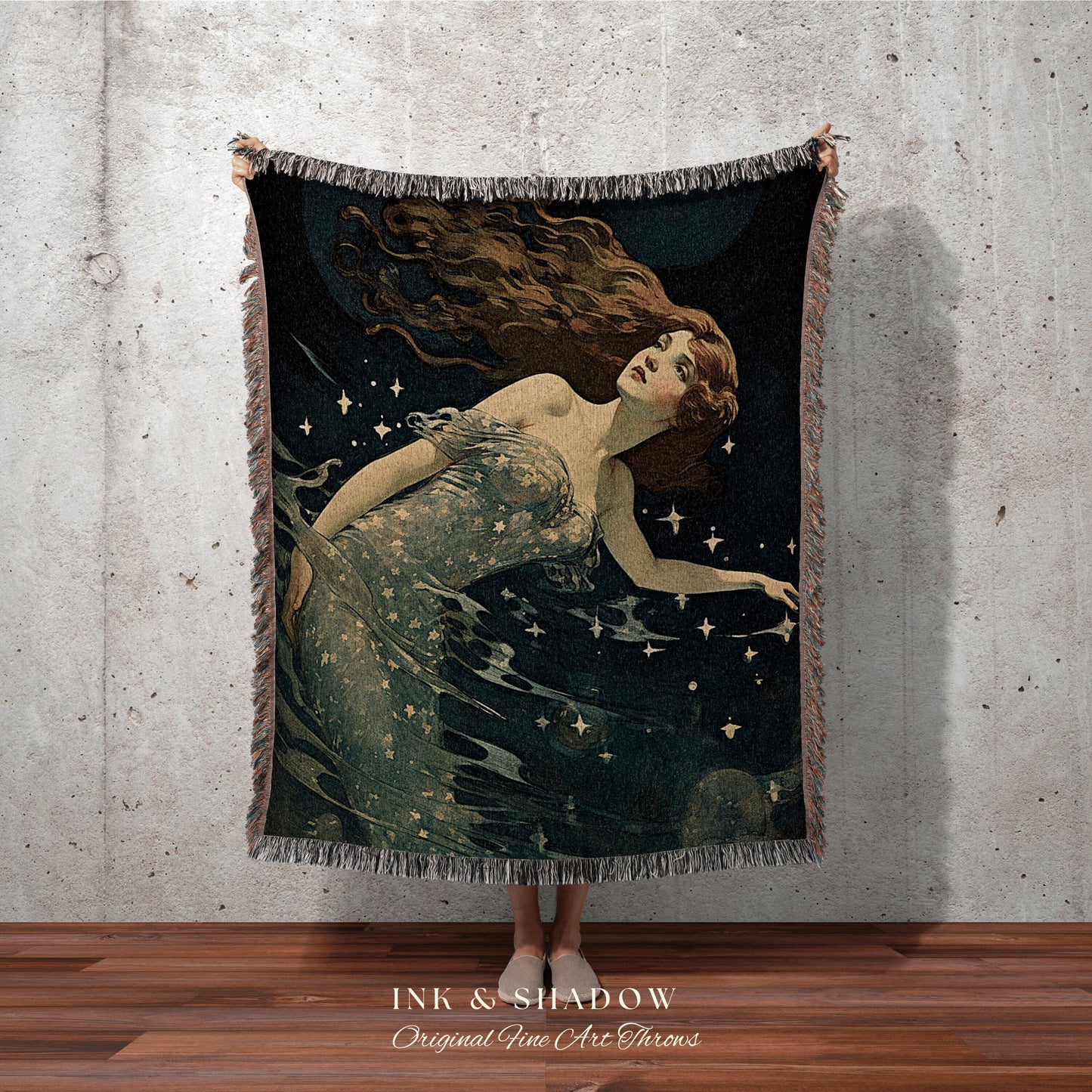 Art Nouveau Vintage Mermaid Blanket | Mermaid Aesthetic Celestial Wall Art Cottagecore Decor Art Nouveau Tapestry Woven Blanket Fairycore