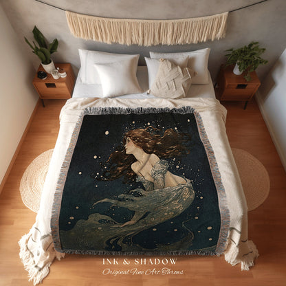 Celestial Mermaid Tapestry | Mermaid Aesthetic Celestial Wall Art Cottagecore Decor Art Nouveau Tapestry Woven Blanket Fairycore Decor |