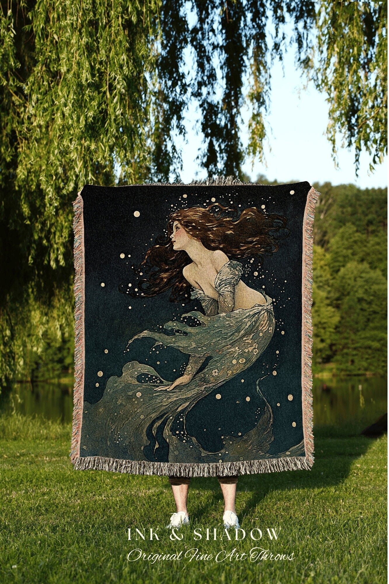 Celestial Mermaid Tapestry | Mermaid Aesthetic Celestial Wall Art Cottagecore Decor Art Nouveau Tapestry Woven Blanket Fairycore Decor |