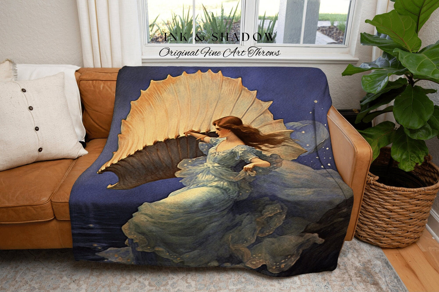 Ethereal Ocean Witch Blanket | Mermaid Aesthetic Celestial Wall Art Cottagecore Decor Art Nouveau Tapestry Woven Blanket Mermaidcore Decor |