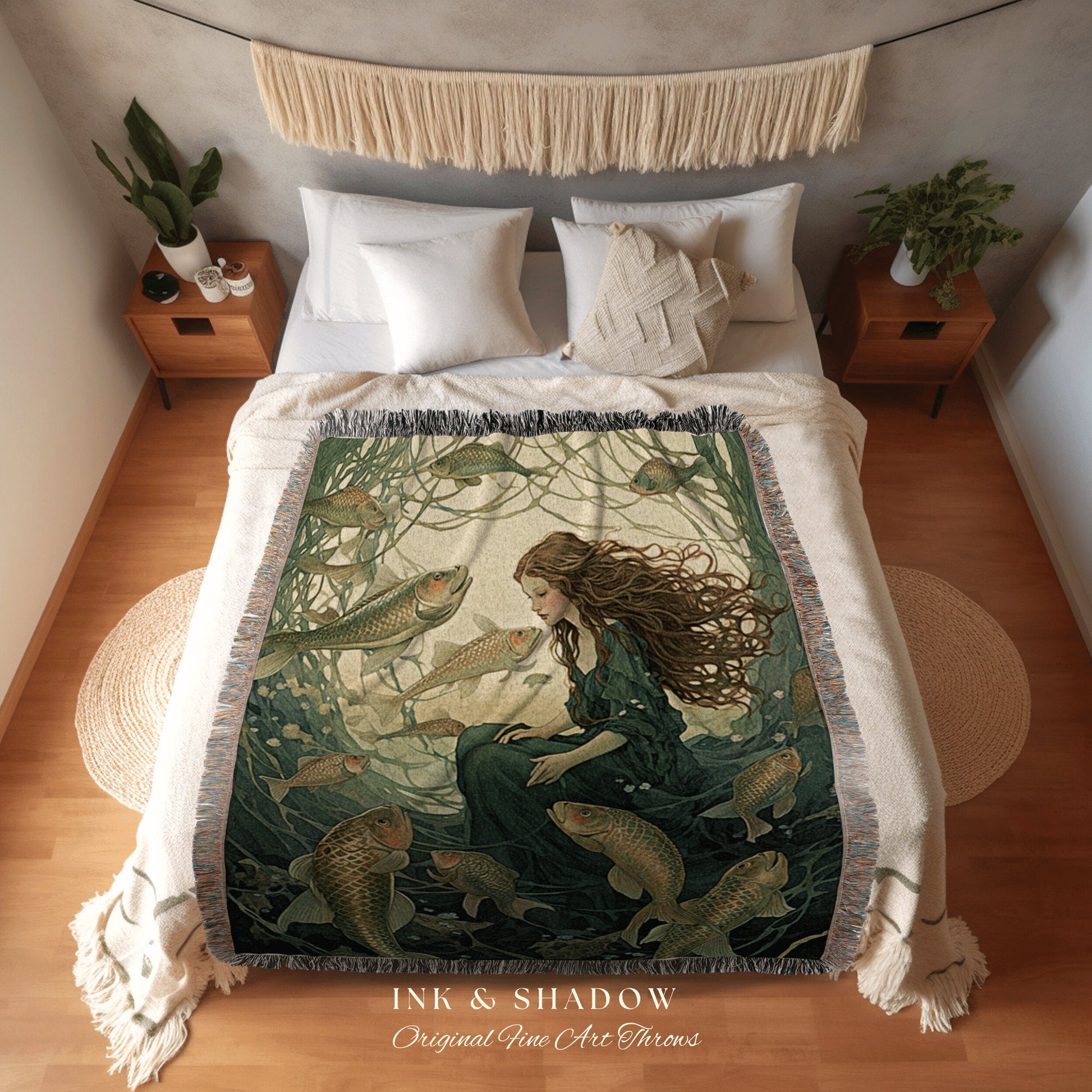 Goblincore Mermaid Tapestry | Fairy Aesthetic Celestial Cottagecore Decor Art Nouveau Tapestry Woven Blanket Fairycore Decor Retro Mermaid |