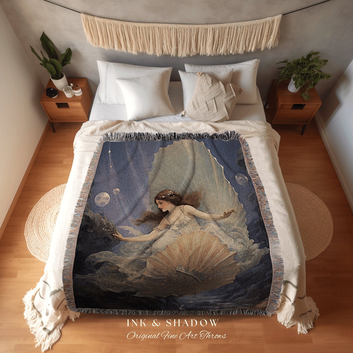 Venus Mermaid Renaissance Blanket | Celestial Mermaid Cottagecore Decor Art Nouveau Tapestry Woven Blanket Fairycore Decor Vintage Aesthetic