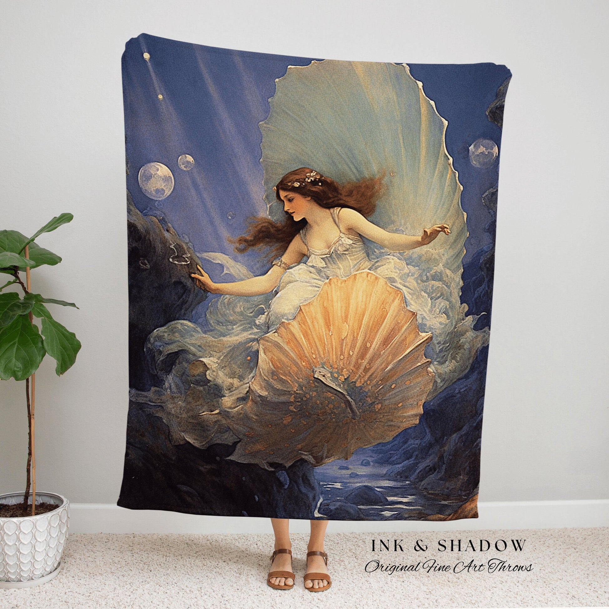 Venus Mermaid Renaissance Blanket | Celestial Mermaid Cottagecore Decor Art Nouveau Tapestry Woven Blanket Fairycore Decor Vintage Aesthetic