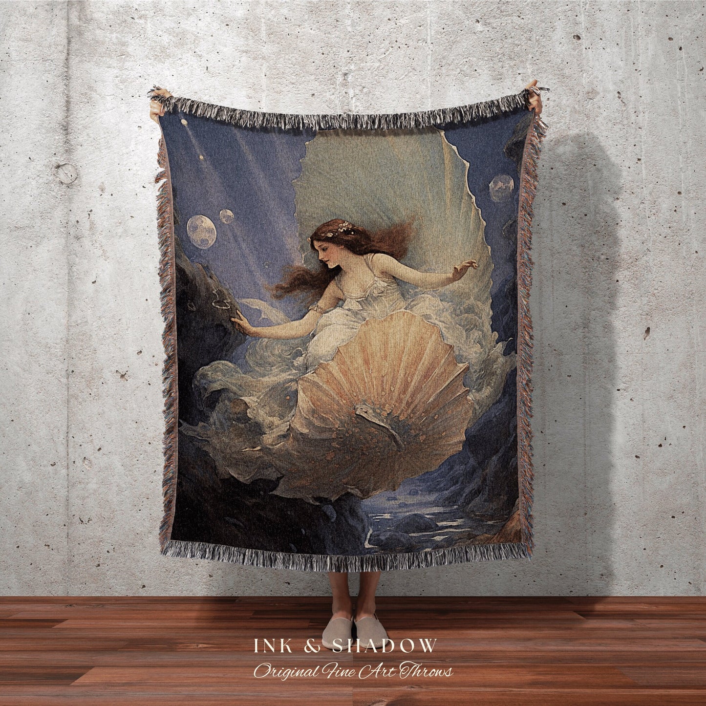 Venus Mermaid Renaissance Blanket | Celestial Mermaid Cottagecore Decor Art Nouveau Tapestry Woven Blanket Fairycore Decor Vintage Aesthetic