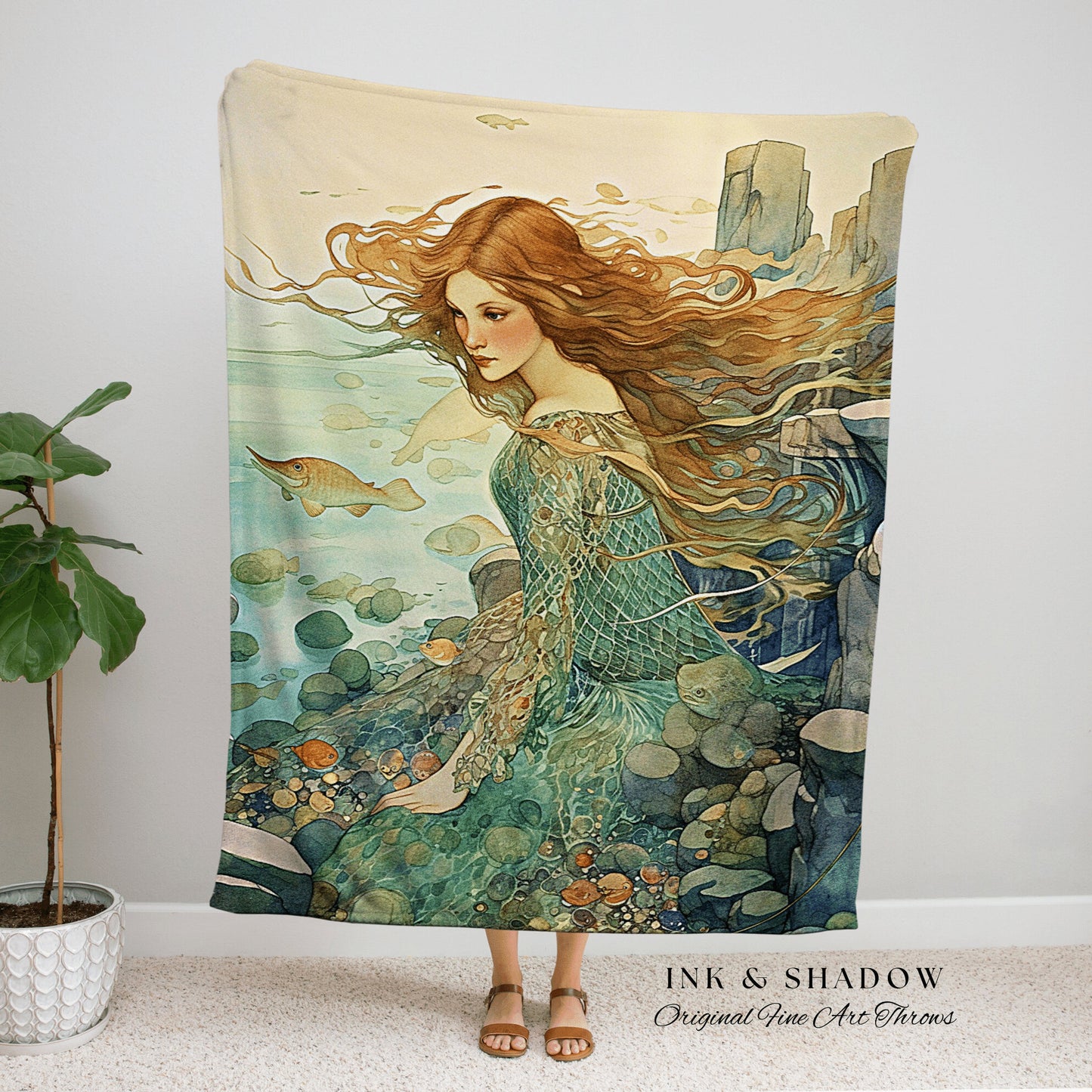 Fairycore Mermaid Blanket | Fairy Aesthetic Celestial Cottagecore Decor Art Nouveau Tapestry Woven Blanket Fairycore Decor Vintage Mermaid |