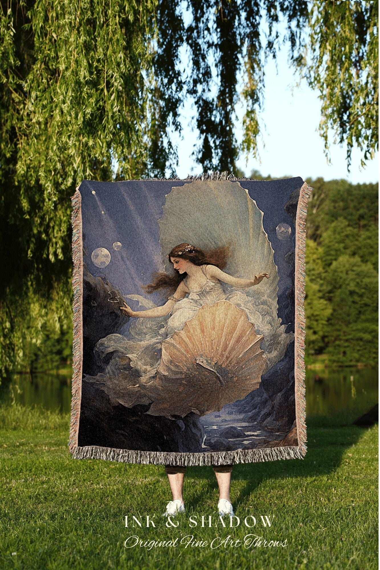 Venus Mermaid Renaissance Blanket | Celestial Mermaid Cottagecore Decor Art Nouveau Tapestry Woven Blanket Fairycore Decor Vintage Aesthetic