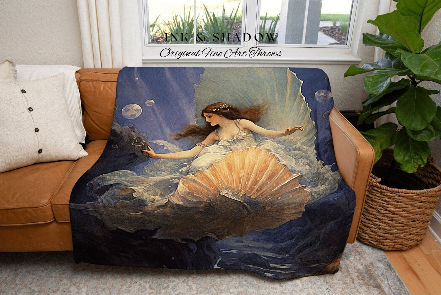 Venus Mermaid Renaissance Blanket | Celestial Mermaid Cottagecore Decor Art Nouveau Tapestry Woven Blanket Fairycore Decor Vintage Aesthetic