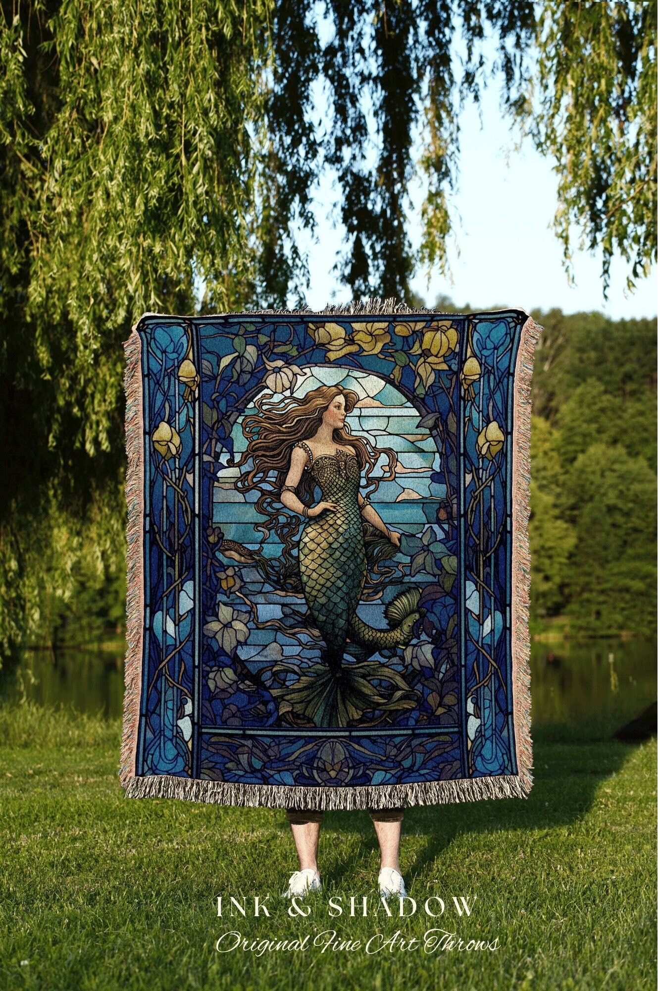 Stained Glass Mermaid Blanket | Celestial Mermaid Cottagecore Decor Art Nouveau Tapestry Woven Blanket Mermaidcore Decor Vintage Aesthetic |