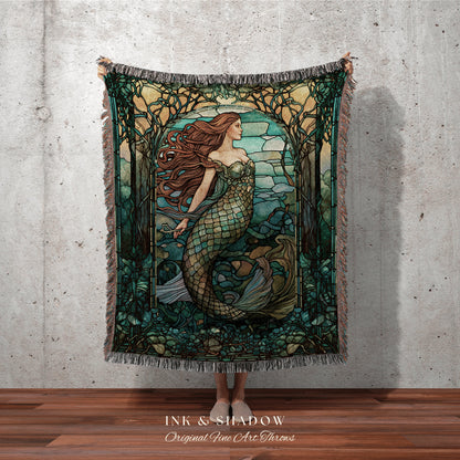 Mystical Mermaid Blanket Ethereal | Celestial Mermaid Cottagecore Decor Art Nouveau Tapestry Woven Blanket Mermaidcore Decor Stained Glass |