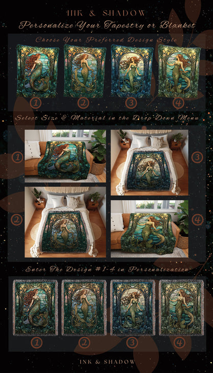 Mermaid Aesthetic Tapestry | Celestial Mermaid Cottagecore Ethereal Decor Art Nouveau Tapestry Woven Blanket Mermaidcore Decor Stained Glass