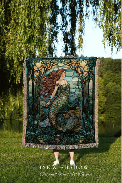 Mystical Mermaid Blanket Ethereal | Celestial Mermaid Cottagecore Decor Art Nouveau Tapestry Woven Blanket Mermaidcore Decor Stained Glass |