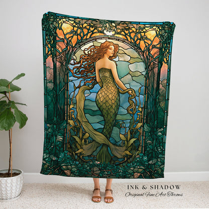 Mermaidcore Stained Glass Tapestry | Celestial Mermaid Cottagecore Decor Art Nouveau Tapestry Woven Blanket Mermaidcore Decor Stained Glass