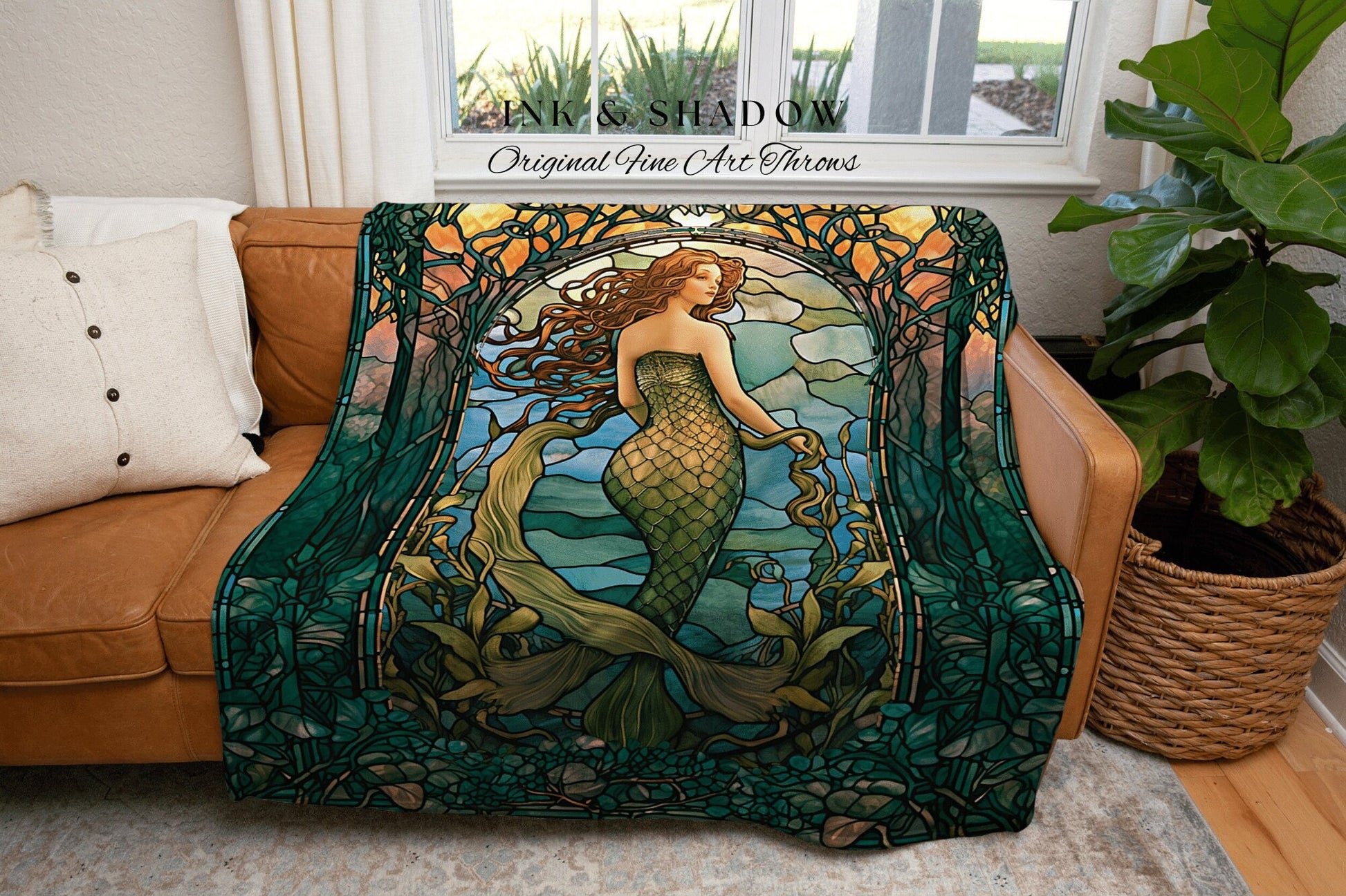 Mermaidcore Stained Glass Tapestry | Celestial Mermaid Cottagecore Decor Art Nouveau Tapestry Woven Blanket Mermaidcore Decor Stained Glass